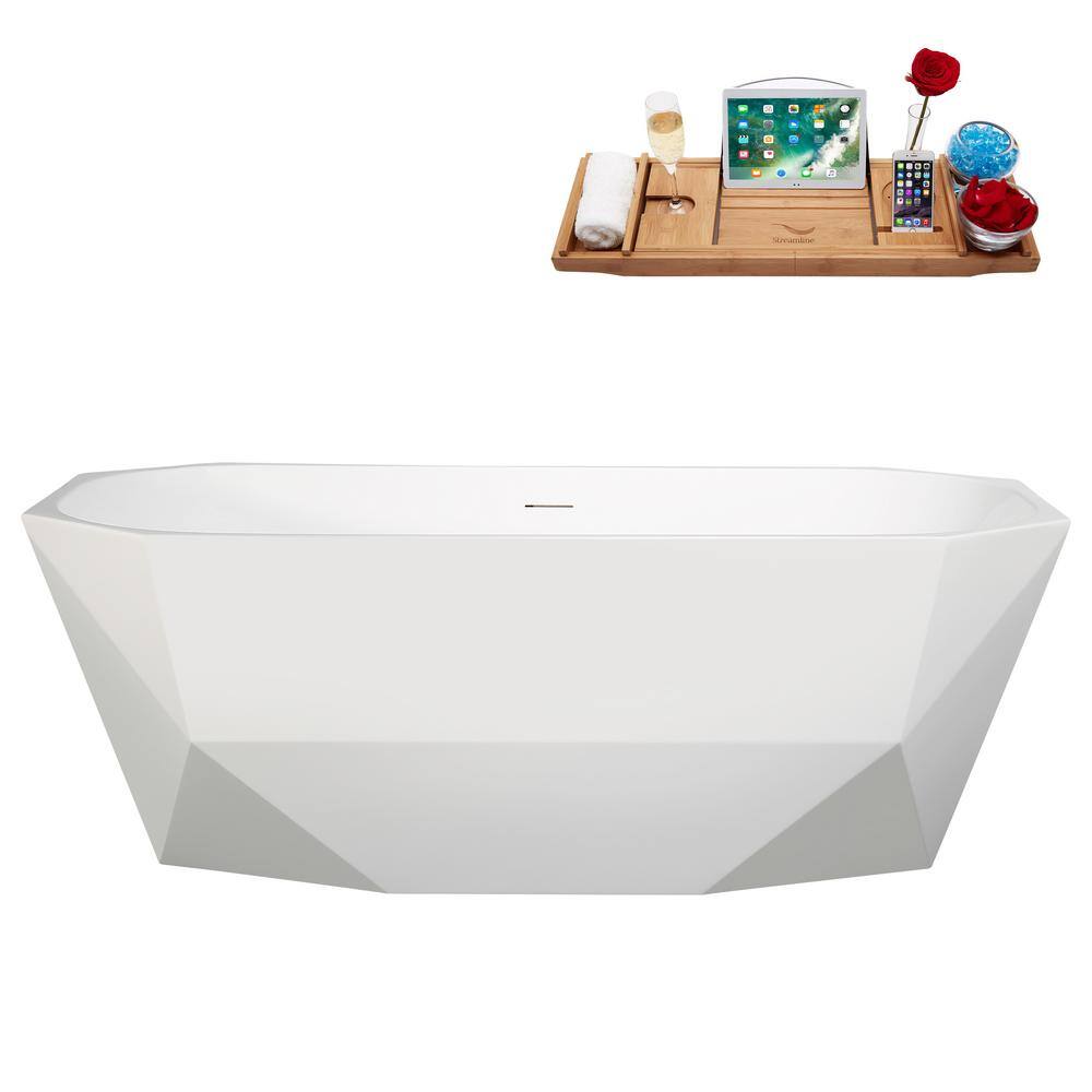 63" Glossy White Acrylic Freestanding Double Slipper Bathtub with Bamboo Tray