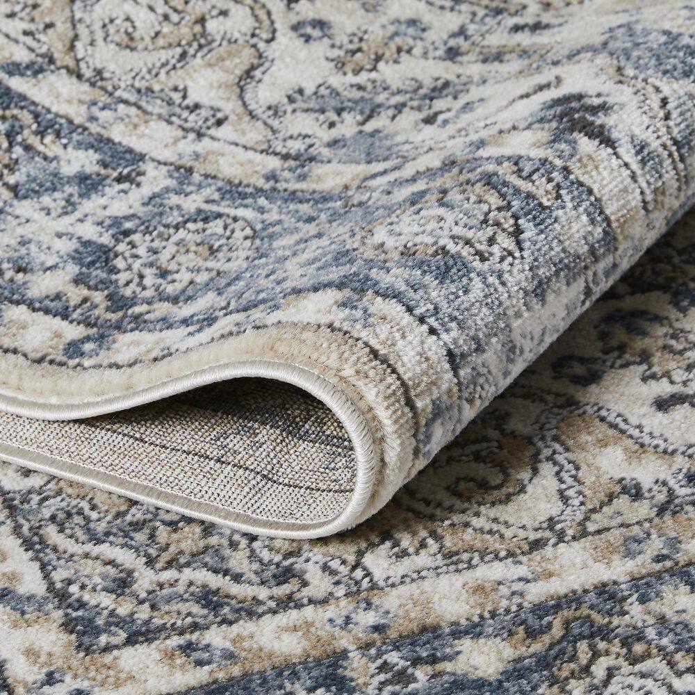 Blue and Beige Floral Medium Pile Synthetic Area Rug