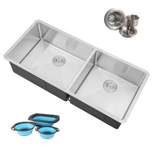 Undermount 16-Gauge Stainless Steel 42 in. x 19 in. 60/40 Double Bowl Kitchen Sink with Collapsible Silicone Colanders