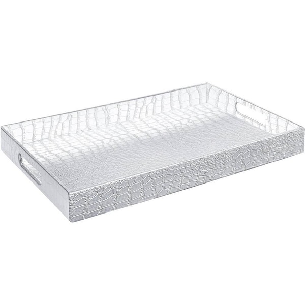 Silver Rectangular Faux Leather Decorative Serving Tray with Handles
