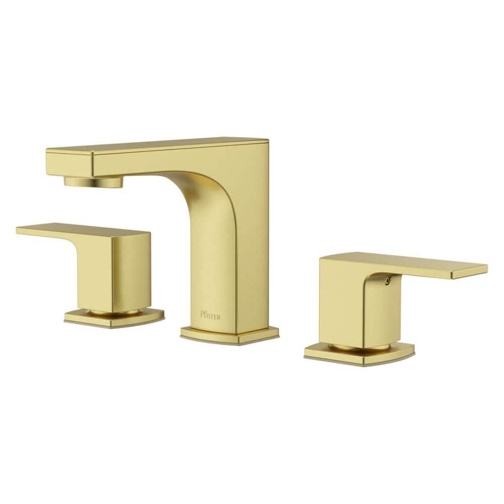 Pfirst Modern 8 in. Widespread Double Handle Low Arc Faucet with Drain Kit Included in Brushed Gold price history on PriceWatchPro