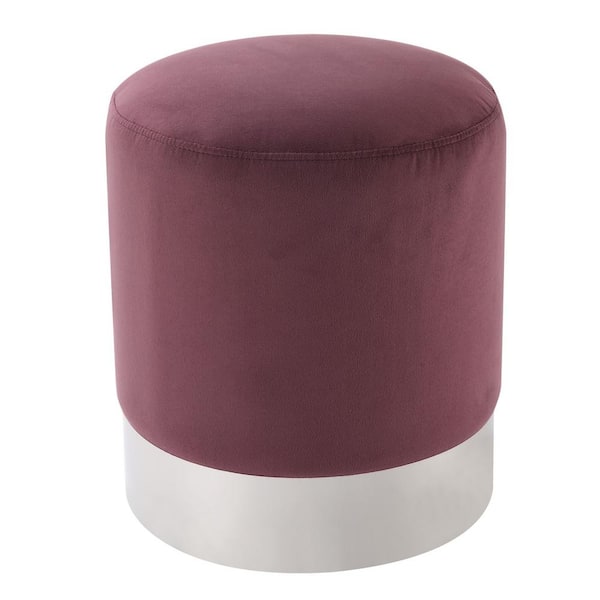 Inspired Home Caroline Plum/Chrome Velvet Round Ottoman with Metal Base