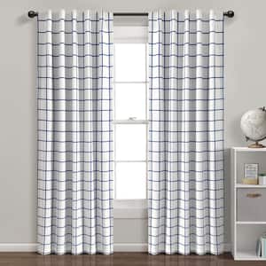 Urban Square Grid 100% Lined White/Navy 84 in. L x 42 in. W Blackout Back Tab/Rod Pocket Window Curtain Panels Set