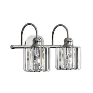 Merrin 14.3  in. 2-Light Brushed Nickel Bathroom Vanity Light with Crystal Shades