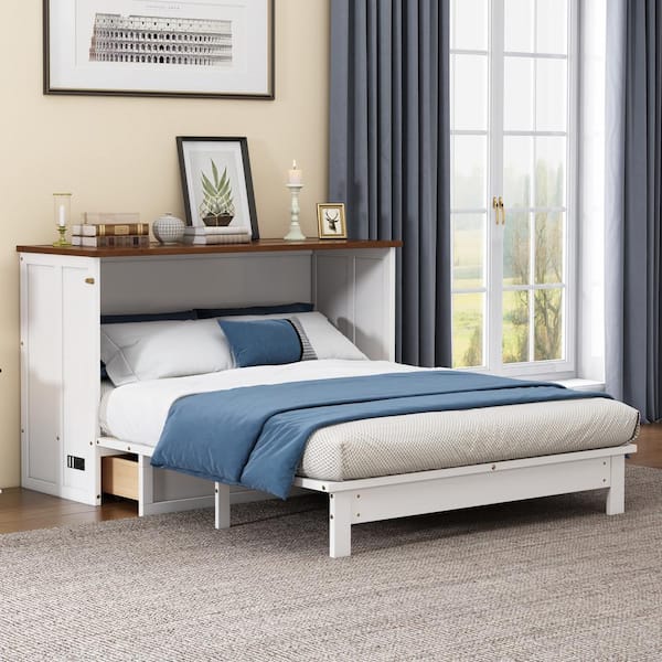 Harper & Bright Designs White plus Walnut Wood Frame Full Size Murphy Bed with Charging Station and Drawer