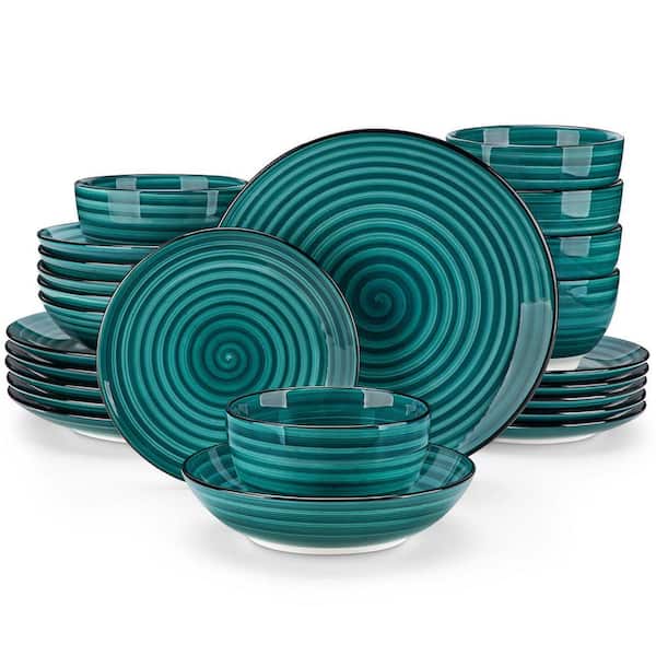 24-Piece Green Stoneware Dinnerware Set (Service for 6) Bowls and Plates Set Tableware