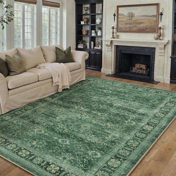 Oasis Secret Green 9 ft. x 12 ft. Distressed Vintage Floral Area Rug