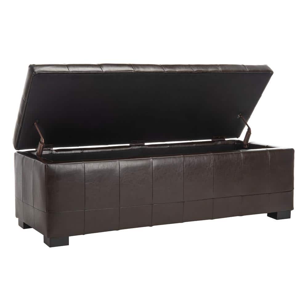 Large Brown Leather Storage Bench with Button Tufts
