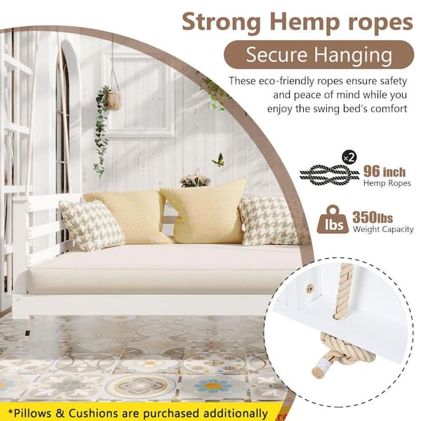 Country Patio Twin XL 80 in. x 40.9 in. White Wood Porch Swing Bed
