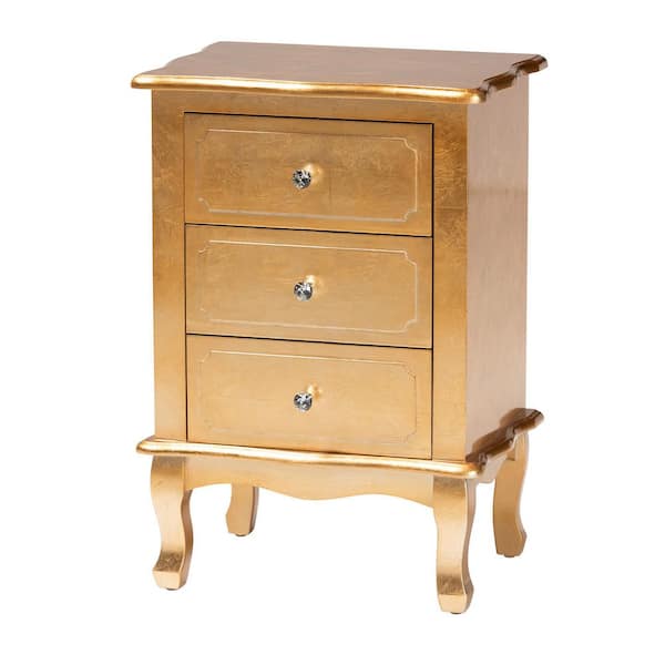 Baxton Studio Newton 3-Drawer Gold Nightstand 27.6 in. H x 18.9 in. W x 13.8 in. D