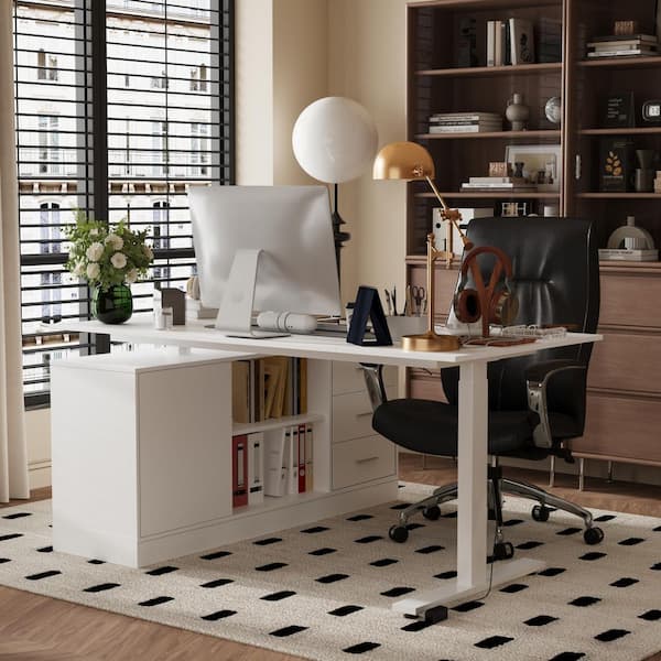 FUFU&GAGA 63 in. Width L-Shape White Wooden 3-Drawer Writing Desk with Adjustable Height, Open Shelves and a Door Storage Cabinet