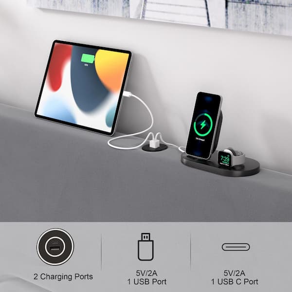 Upholstered Bed Frame with LED Lights, Velvet Headboard and Charging Station, Noise-Free Platform Bed, Gray Full Bed