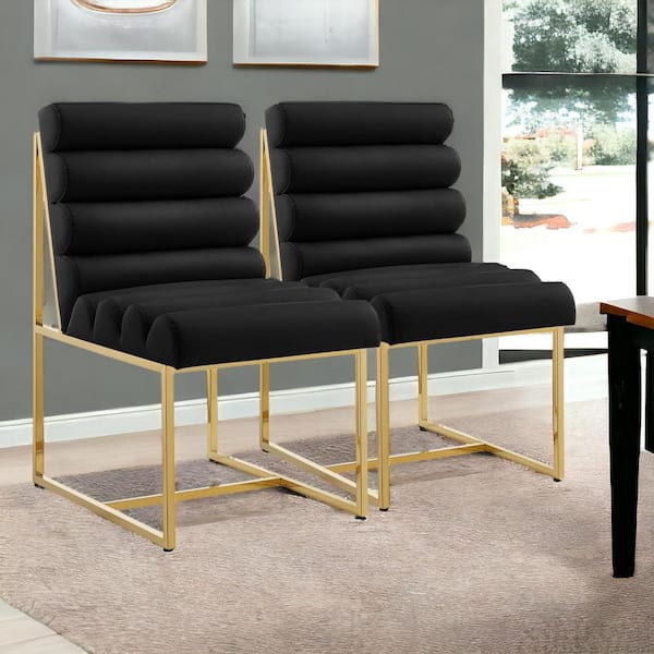 HomeRoots Tufted Black And Gold Upholstered Faux Leather Side Chair (Set Of 2)