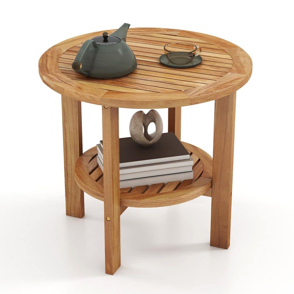 Teak Wood 2-Tier Side Table 19.5 in. Round Coffee Table End Table with Slatted Top