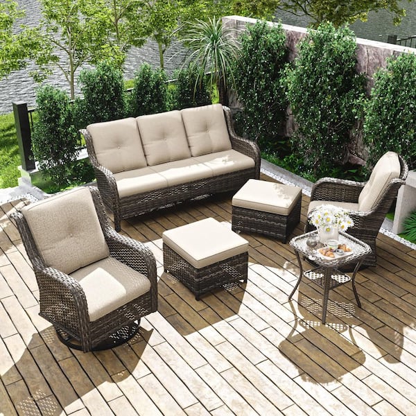 6-Piece Brown Wicker Patio Conversation Set Outdoor Couch Set with Beige Cushions
