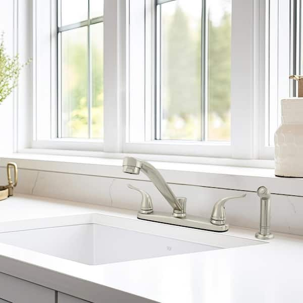 Dual Wing Handle Traditional Spout Kitchen Faucet with Optional Side Sprayer in Brushed Nickel