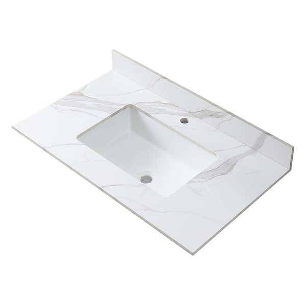 Unbranded 37 in. W x 22 in. D Engineered Stone Composite White Rectangular Single Sink Bathroom Vanity Top in Carrara Gold