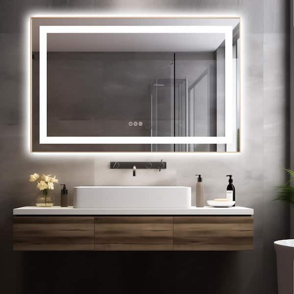 48 in. W x 30 in. H Rectangular Aluminum Framed Backlit and Front Light LED Wall Bathroom Vanity Mirror in Brushed Gold