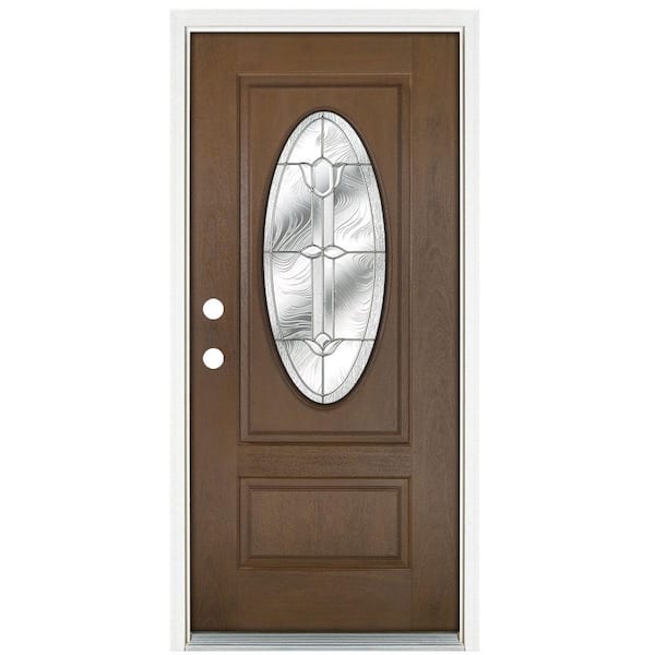 MP Doors 36 in. x 80 in. Medium Oak Right-Hand Inswing Flores Oval-Lite Prestige Stained Fiberglass Prehung Front Door