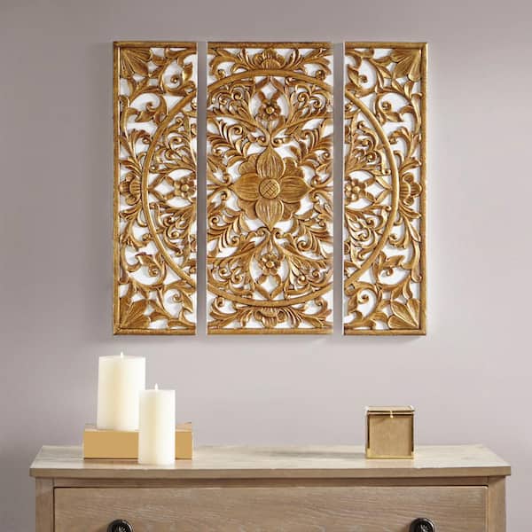Unbranded Triptych 3-Piece Dimensional Framed Resin Canvas Wall Art Print Set, Antique Gold Finish 27.56 in. x 11.81 in.