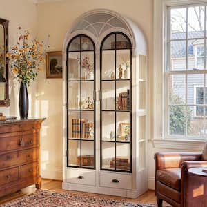 80.7 in. Tall White Wood 4-Shelf Arched Door Bookcase with Glass Doors, 2 Drawers for Living RooM Display and Storage