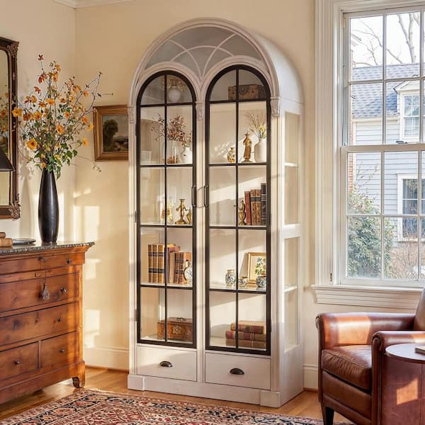 80.7 in. Tall White Wood 4-Shelf Arched Door Bookcase with Glass Doors, 2 Drawers for Living RooM Display and Storage