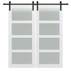 84 in. x 84 in. Shaker 4-Lite Frosted Glass Primed MDF Double Sliding Barn Door with Bent Strap Hardware Kits