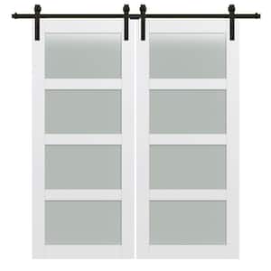 84 in. x 84 in. Shaker 4-Lite Frosted Glass Primed MDF Double Sliding Barn Door with Bent Strap Hardware Kits