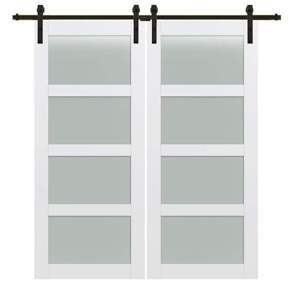 MMI DOOR 84 in. x 84 in. Shaker 4-Lite Frosted Glass Primed MDF Double Sliding Barn Door with Bent Strap Hardware Kits