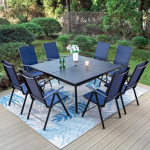 9-Piece Metal Outdoor Dining Set with Square Table and Blue Folding Chairs