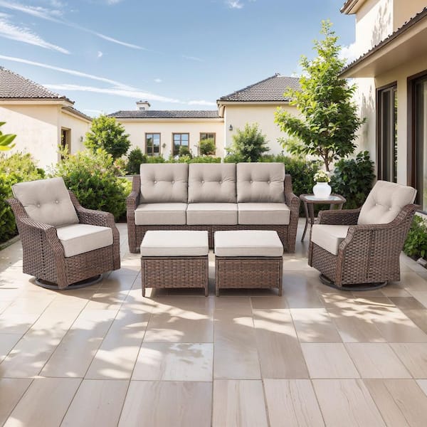 6-Piece Contemporary Brown Wicker Outdoor Swivel Rocking Chair Set with CushionGuard Beige Cushions