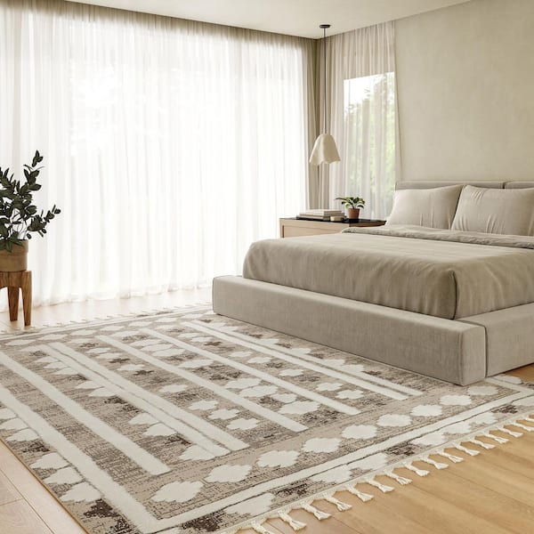 Audience Geometric Tasseled Beige 10 ft. x 13 ft. Indoor/Outdoor Patio Area Rug