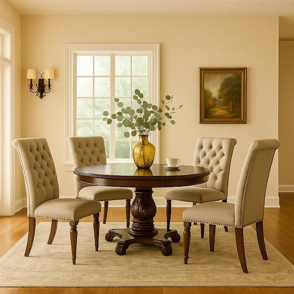 Benjara Brown Wood Round 60 in. Pedestal Base Dining Table Seats 4