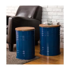 Navy Blue Modern Meta Storage Accent Table or Stool with Solid Wood Lid (Set of 2)