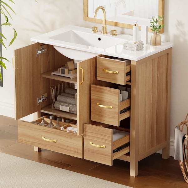 36 in. Freestanding Acacia Wood Bath Vanity with White Ceramic Top and 4 Drawers Bathroom Storage Cabinet Unassembled