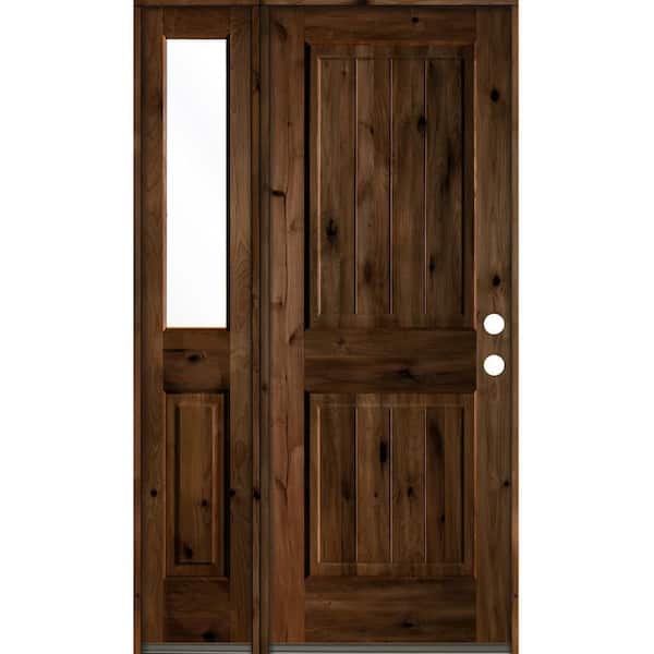 Krosswood Doors 44 in. x 80 in. Rustic Knotty Alder Left-Hand/Inswing Clear Glass Provincial Stain Wood Prehung Front Door with Sidelite