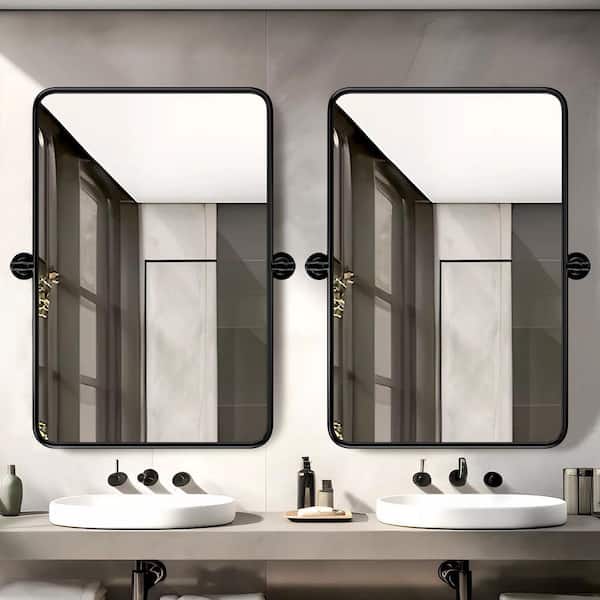 24 in. W x 36 in. H Modern Rectangular Black Stainless Steel Frame Round Corner Adjustable Vanity Mirror Wall Mirror