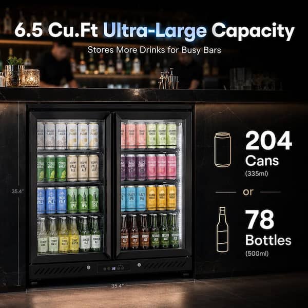 36 in. 6.5 cu. ft. 2-Door Commercial Tempered Glass Door Back Bar Cooler Refrigerator with LED Lighting in Black