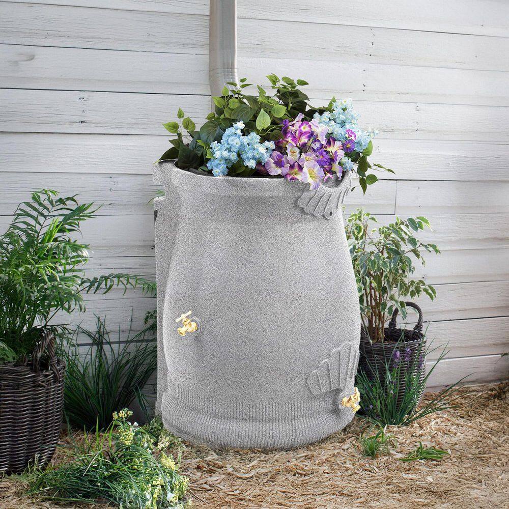 Light Granite 50 Gallon Plastic Rain Barrel with Planter