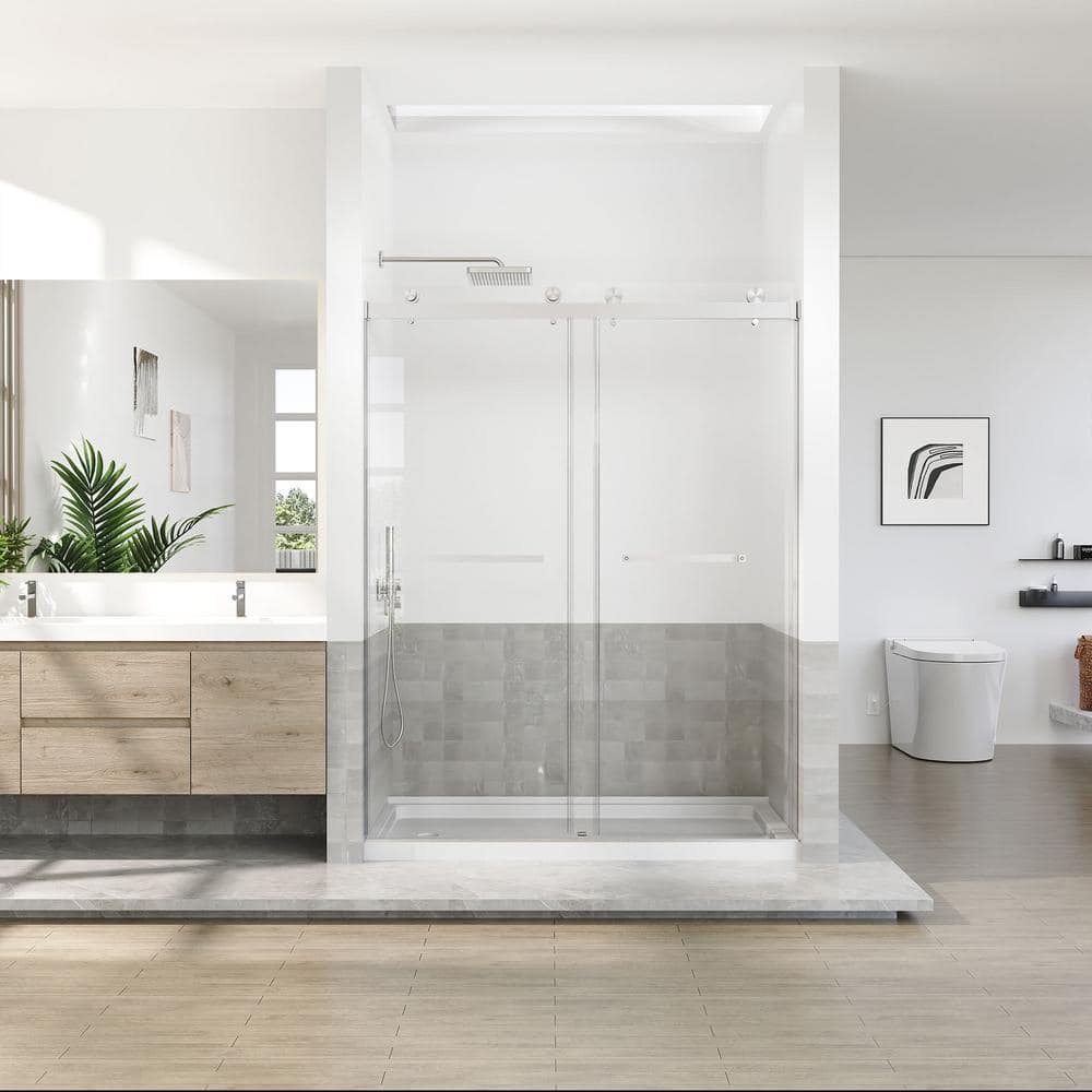 Brushed Nickel Frameless Sliding Shower Door with Clear Tempered Glass