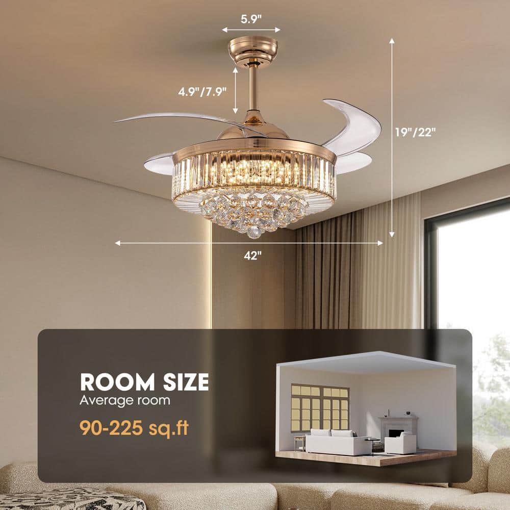 42-Inch Gold Crystal Retractable Ceiling Fan with LED Light and Remote