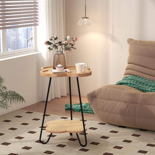 Zeus & Ruta 18.9 in. Petal-Shaped Acacia Wood End Table, 2-Tier Accent Side Table
