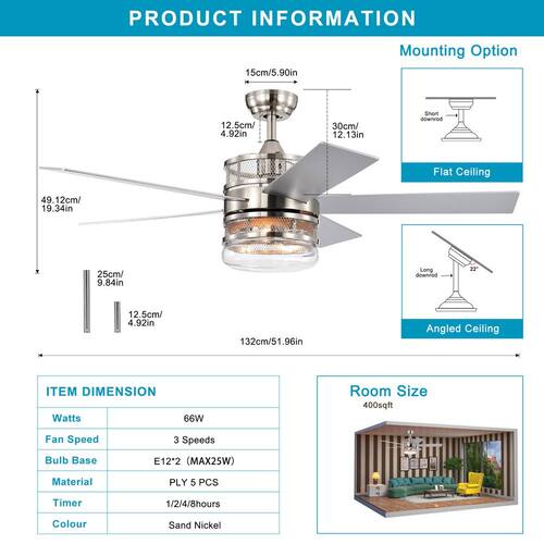 Modern 52 in. Indoor Nickel Ceiling Fan with Glass Lampshade, 2-Color-Option Blades and Remote Included Ceiling Fans With Lights