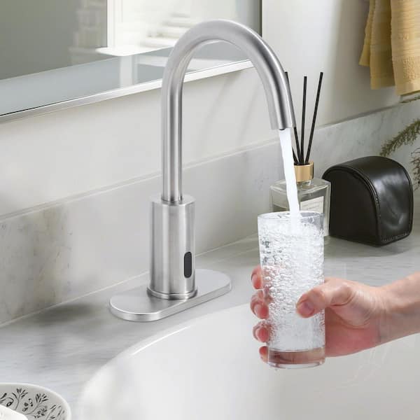 Sensor Touchless Single Hole Bathroom Sink Faucet with Deckplate Included in Brushed Nickel