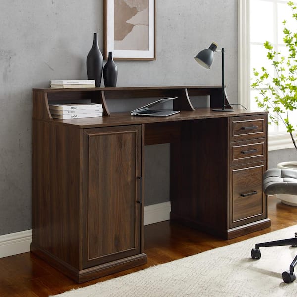 3 Drawer Pedestal Writing Desk Hutch, Dark Wood Office Desk With Drawers