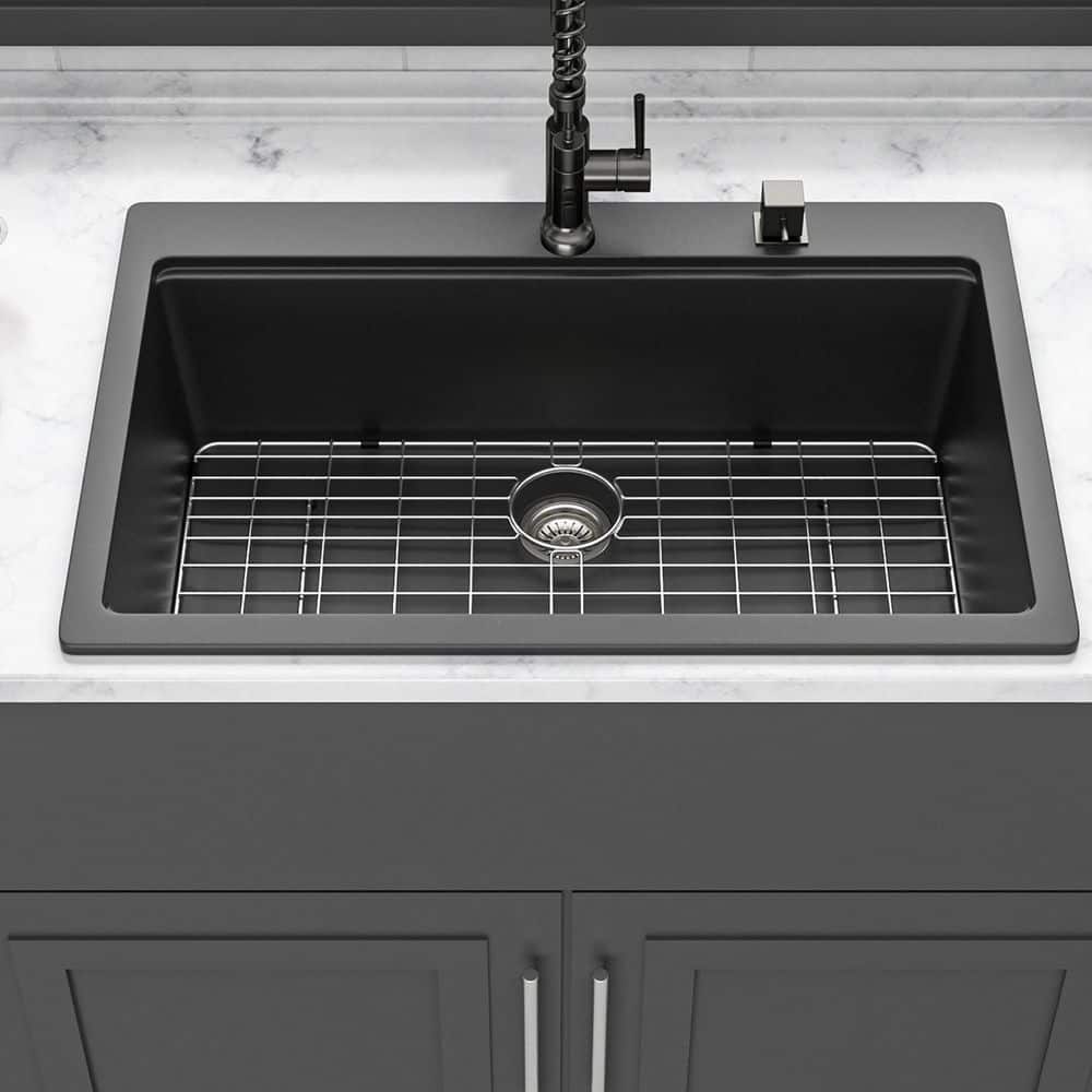33 in. Drop-In Single Bowl Black Quartz Kitchen Sink with Workstation