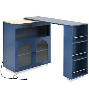 Navy Blue Rubberwood Kitchen Cart with Drop Leaf, Extended Table, 2 Fluted Glass Doors, LED Light and Power Outlet