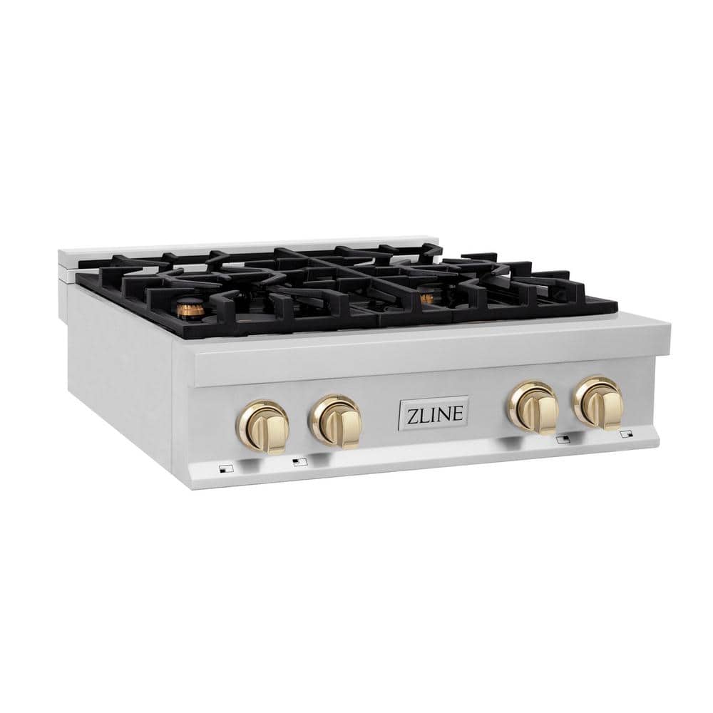 ZLINE Kitchen and Bath Autograph Edition 30 in. 4 Burner Front Control Gas Cooktop with Polished Gold Knobs in Stainless Steel, Brushed 430 Stainless Steel & Polished Gold