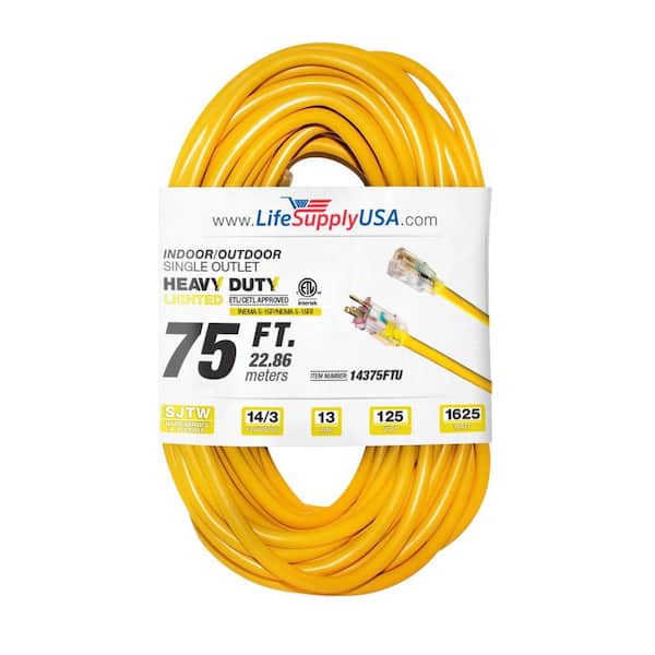LifeSupplyUSA 75 ft. 14-Gauge/3 Conductors SJTW 13 Amp Indoor/Outdoor Extension Cord with Lighted End Yellow (1-Pack)