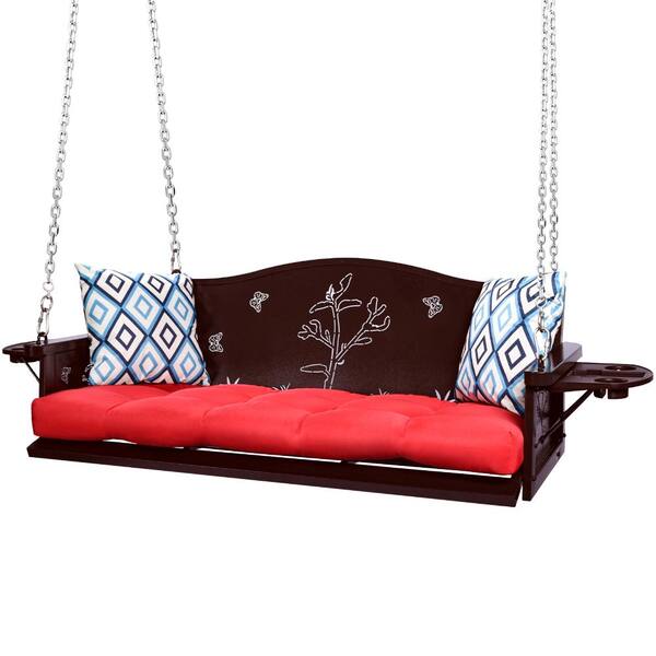 3-Person Metal Patio Swing Porch Swings Hanging with Red Cushion, 8.9FT Chains, Cup Holder & Pillow